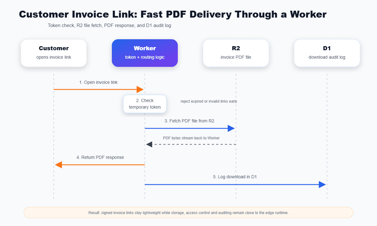 Customer invoice link PDF delivery flow through Worker, R2, and D1